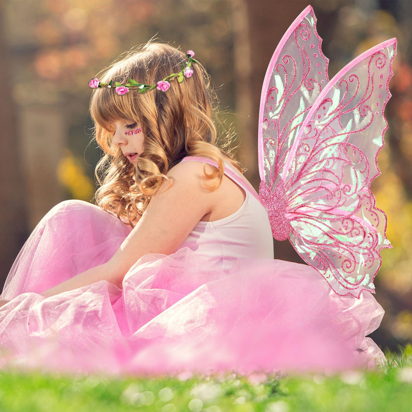 U-Goforst Fairy Costume Wings for Adults, Butterfly Wings for Girls Women, Halloween Costume Cosplay Dress Up, Sparkly Wings with Flower Crown and Glitter (Pink)
