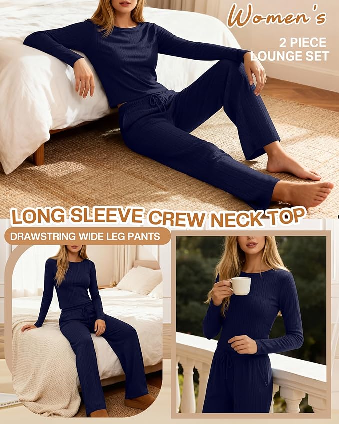 Evervibe Women's 2 Piece Lounge Set Long Sleeve Crew Neck Top Drawstring Wide Leg Pants Casual Tracksuit Matching Set
