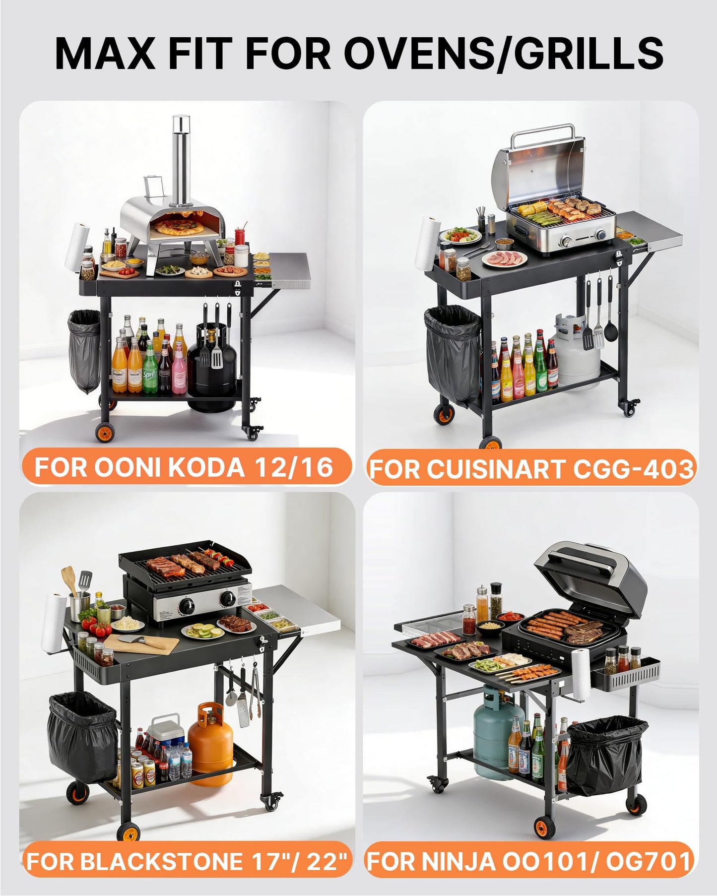 GANGSHELO Outdoor Pizza Oven Table with Topping Station, Portable Pizza Oven Cart with BBQ Prep Tables Station for Ninja Woodfire Grill, Blackstone Griddle, Tabletop Grill