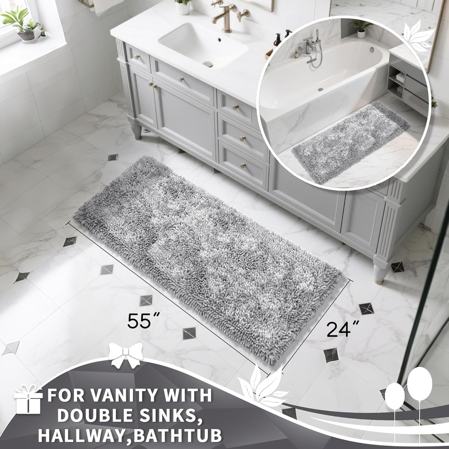 Yimobra Long Bathroom Rugs Runner 55x24 Inch, Extra Thick Soft Absorbent Chenille Bath Mat, Non Slip Machine Washable, Quick Dry Bath Rugs for Bathroom Floor, Tub and Shower, Light Grey