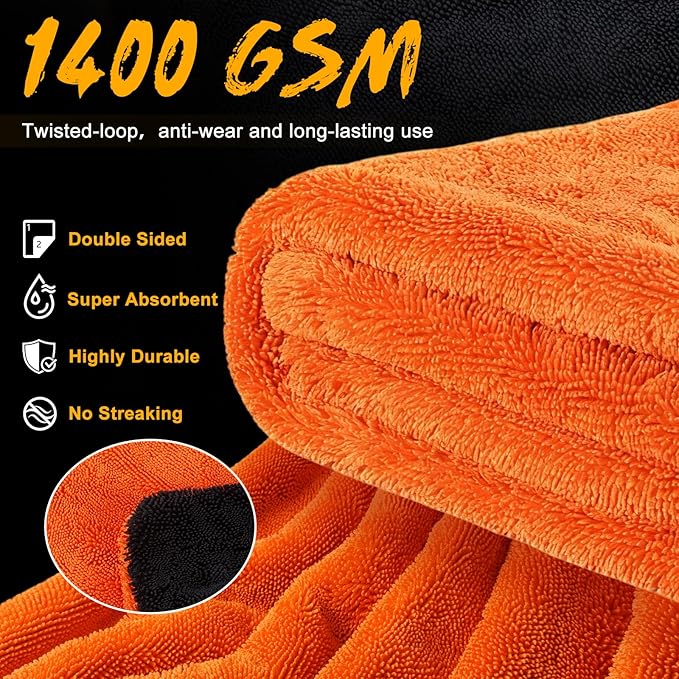 2 Pack Dual-Size Car Drying Towel, Microfiber Towels for Cars, Dual Sided Quick Dry Towel, Drying Towels Car Detailing for Cars, Trucks, SUV [Orange/Gray]