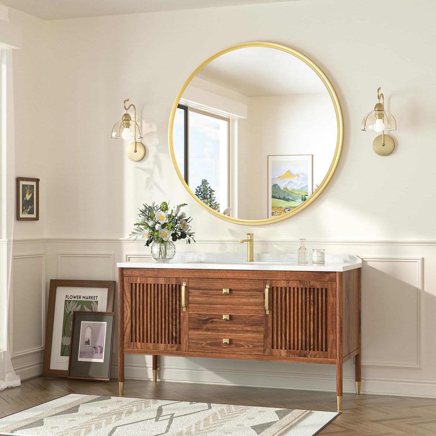 TokeShimi 36 in Mirror Round Framed Gold Mirror Bathroom Tempered, Shatterproof Mirror Circle 36x36 Farmhouse Aluminum Big Wall Mirrored for Bedroom, Entryway, Restroom, Vanity, Living Room