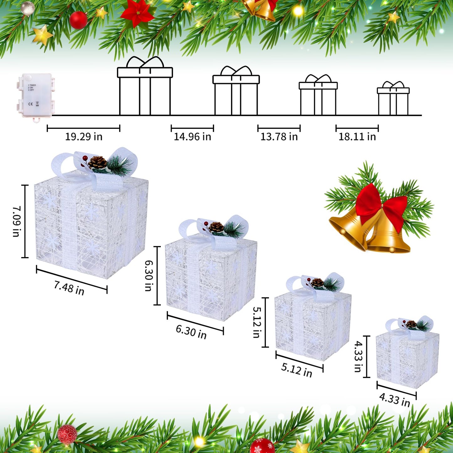 Christmas Lighted Gift Boxes, Set of 4 Christmas Decorations, Battery Operated Xmas Present Boxes, Warm White LED with Bows for Indoor Christmas Tree, Yard, Home Decor