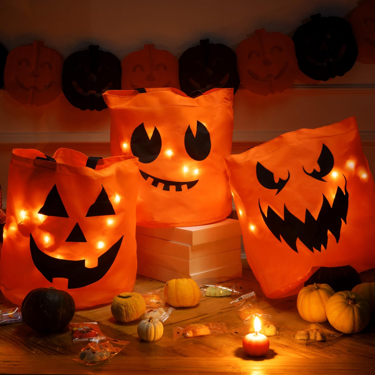 JOYIN 3 PCS Halloween Candy Pumpkin Buckets, 10.2 x 11.8 LED Light Trick or Treat Buckets, Orange Reusable Goody Treat Baskets for Kids Polyester Bags, Halloween Birthday Party Favor Supplies