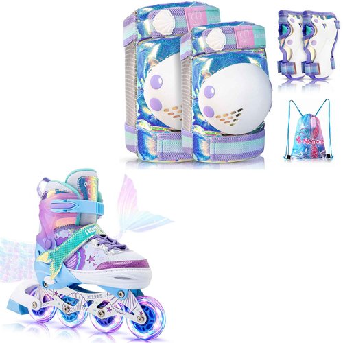 NEMONE Mermaid Inline Skates (Purple L) with Protective Gear Set Knee Elbow Wrist Guards Pads for Kids Girls (Size M)