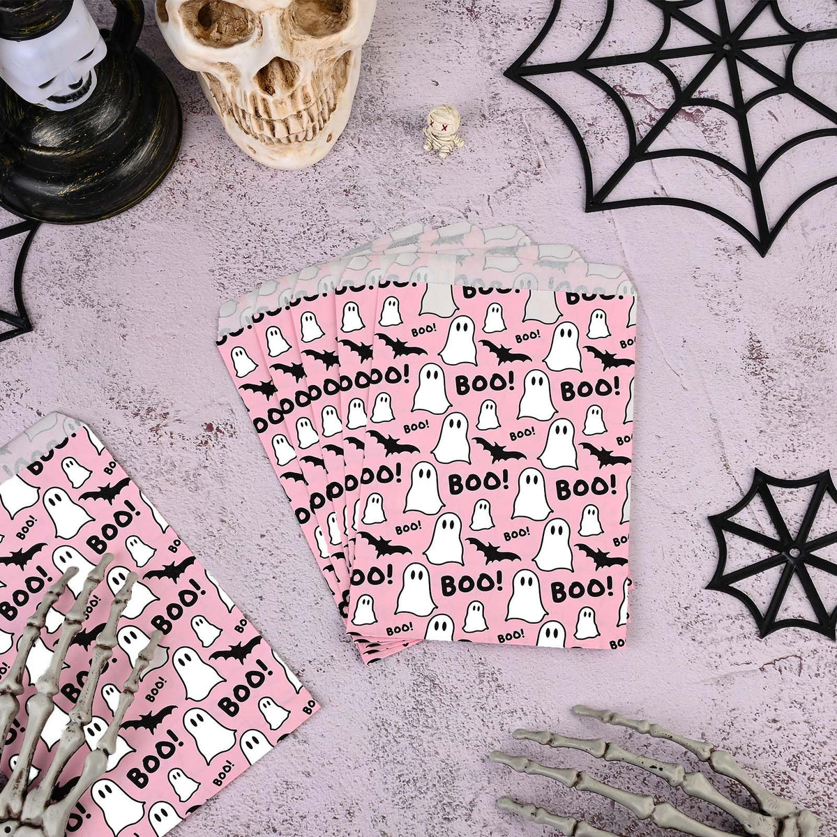 100pcs Halloween Treat Bags - Pink & Black Boo Ghost Paper Goodie Candy Bags for Trick or Treat Party Supplies