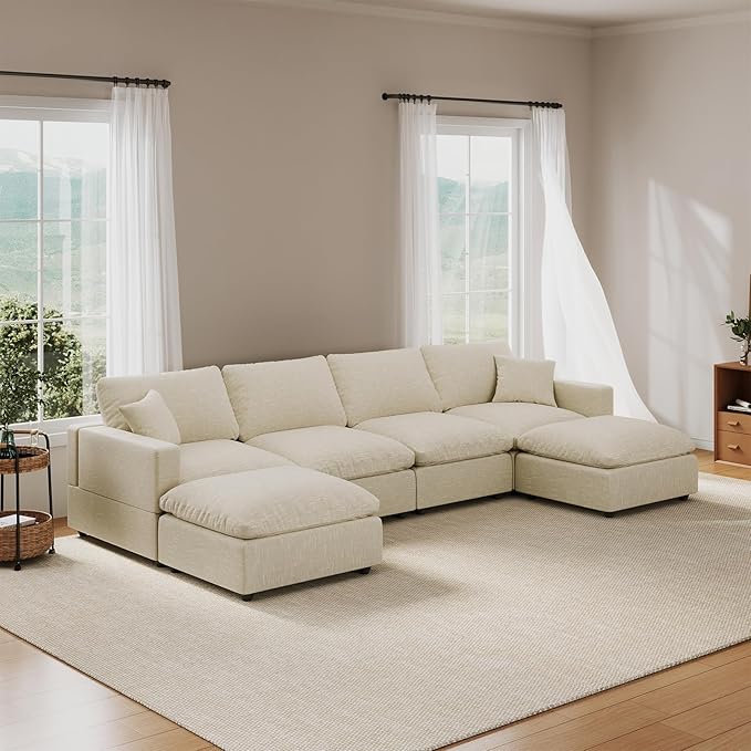 Cloud Couch Modular Sectional Sofa, 123.8" 6-Seater U Shaped Sectional Couches for Living Room, Convertible Cloud Sofa with Ottoman, Down Filled Wide & Deep Seat, Removable Washable Cushion Covers