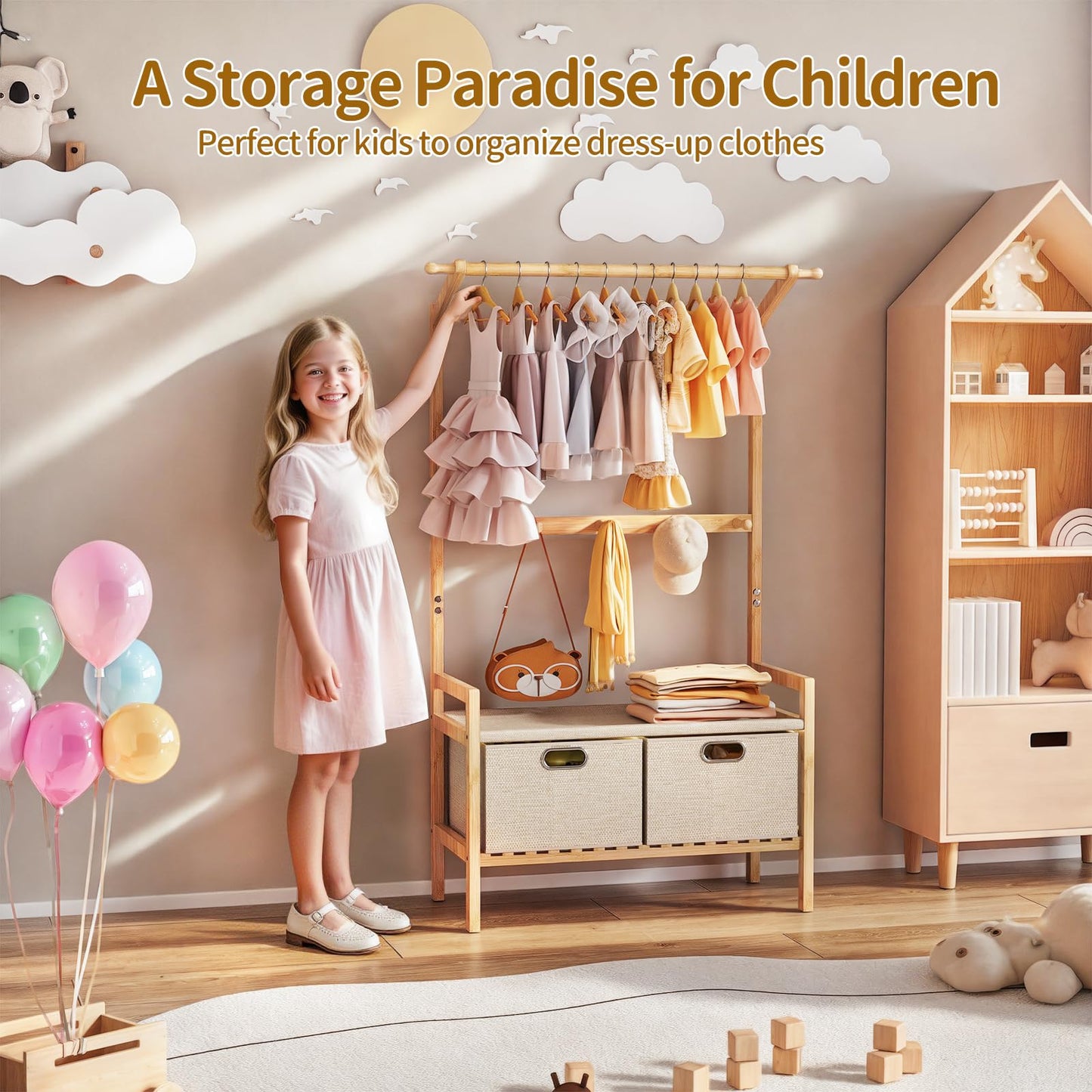 Luxspire Kids Clothing Rack, Bamboo Dress up Storage with 5 Hanging Hooks & 2 Drawers, Small Clothes Garment Rack Toddlers Kids Clothes Organizer for Bedroom Playroom, Burlywood