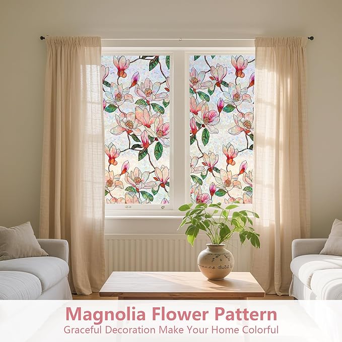 Kromapolis Window Privacy Film, Stained Glass Sticker Floral Window Clings, Decorative Static Clings UV Blocking Colorful Decals, Removable Vinyl Covering Rainbow Magnolia Flowers, 17.5'' x 157.4''