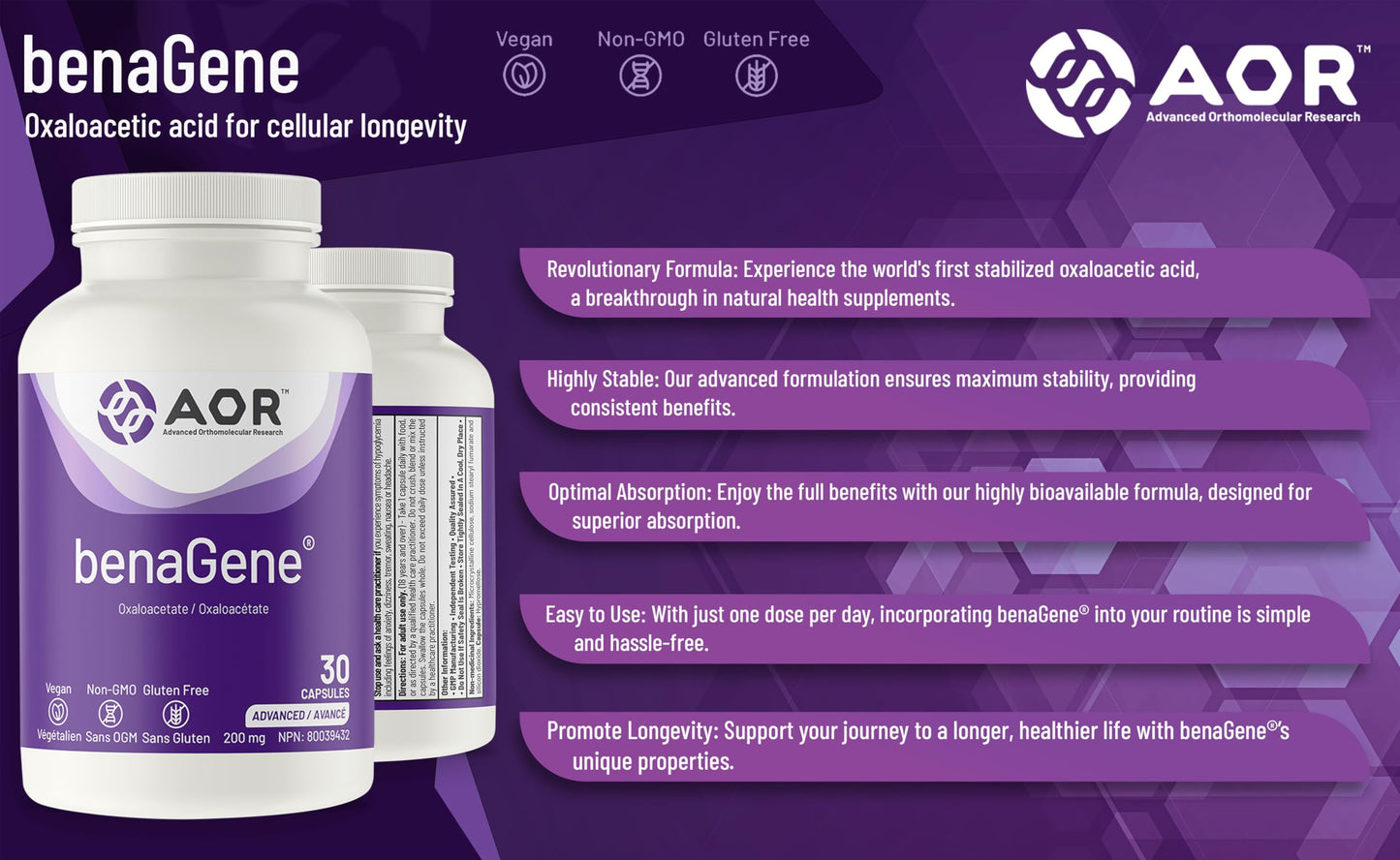 AOR, benaGene, Supports Healthy Aging, Energy and Longevity, Dietary Supplement, 30 servings (30 capsules)