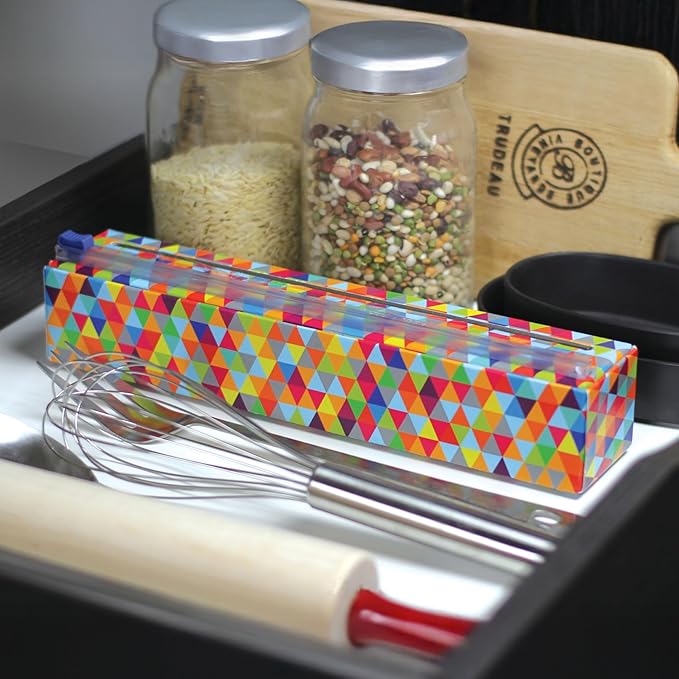 Chicwrap Triangles Refillable Plastic Wrap Dispenser - Includes One 12" x 250' Roll of Professional Grade Plastic Wrap - BPA Free and Kosher Certified - Reusable Dispenser w/Slide Cutter