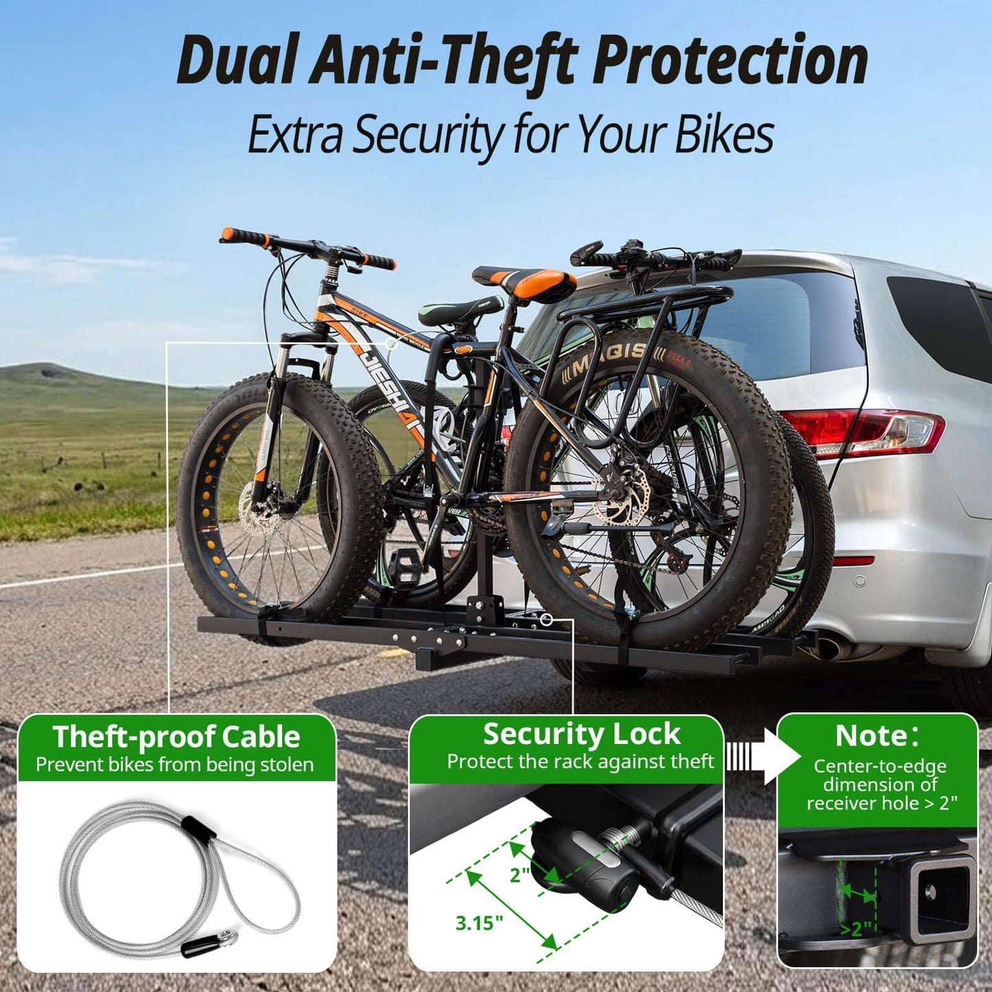 Bike Rack Hitch Mount with Ramp for 2 Bikes – Platform Ebike Rack with Anti-Theft Lock Fits Fat Tires up to 220 lbs – Foldable & Tilt Electric Bike Rack for SUV, Truck, RV – 2 Inch Receiver