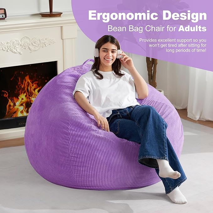 Homguava 4FT Bean Bag Chair for Adults,Teardrop Bean Bags Big Beanbag Chair with Memory Foam Filled and Ultra Soft Removable Corduroy Cover for Living Room, Bedroom (Purple)