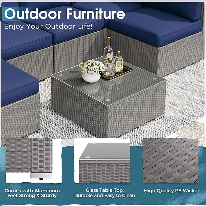 Crownland 8-Piece Outdoor Patio Furniture Sets with 45” Propane Gas Fire Pit Table, All-Weather Grey Wicker Rattan Sectional Sofa with Coffee Table(Dark Blue)
