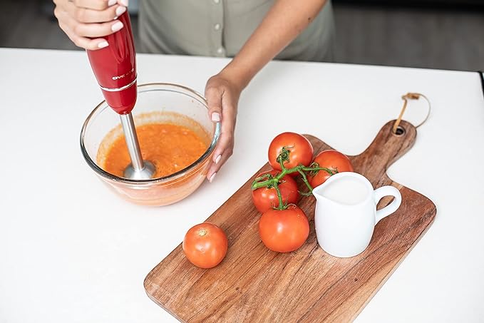 OVENTE Immersion Hand Blender Set, 300W Corded Electric Handheld Stick Mixer, 2 Mixing Speeds with Stainless Steel Blades, Egg Whisk, Beaker & BPA-Free Food Chopper, Red HS565R