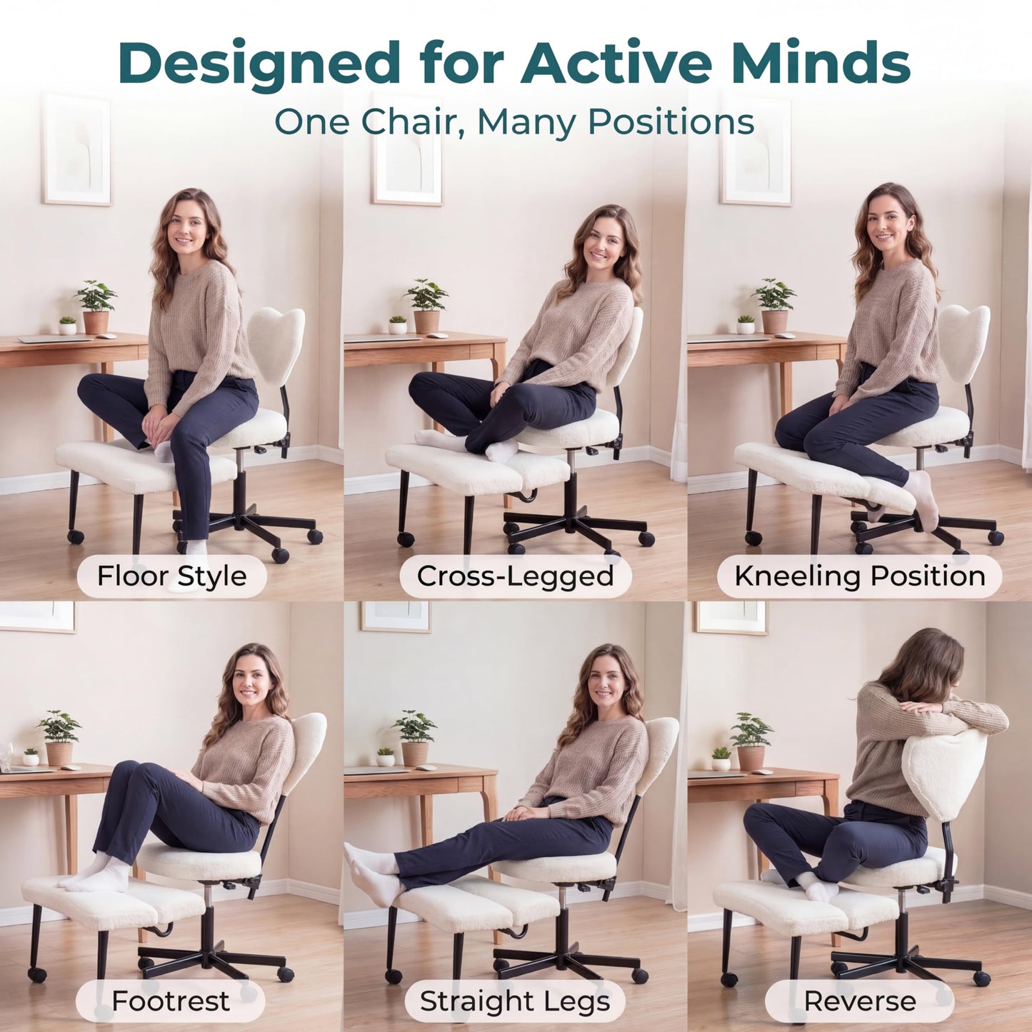 Ergonomic Cross Legged Office Chair with Foot Rest for Kneeling Seating - Crisscross Desk Chair with Wheels for ADHD to Sit Cross Legged - Multi-Position Adjustable Seat with Back Support for Women