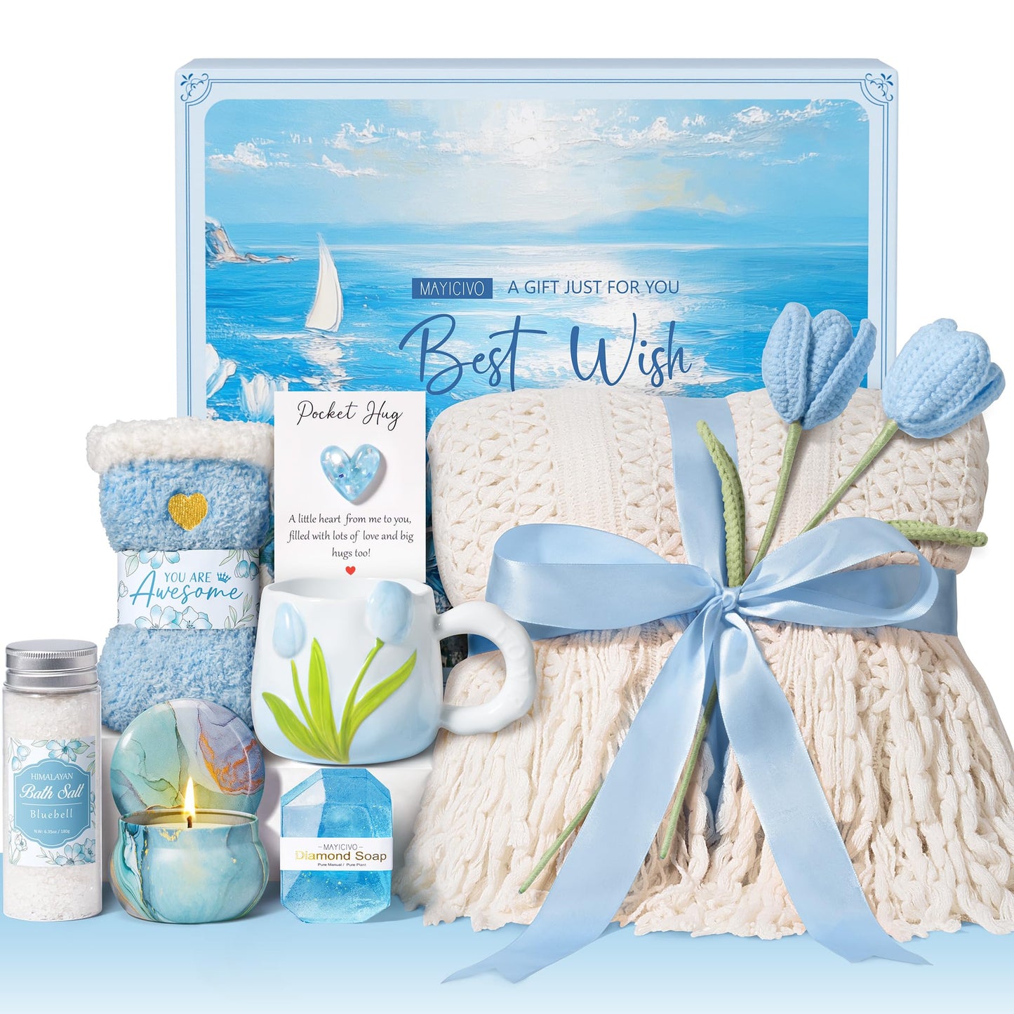 Birthday Gifts for Women Self Care Set Get Well Soon Gift Baskets, Relaxing Bluebell Spa Gift Basket Care Package for Women, Unique Xmas Gifts for Mom Her Girlfriend Sister Friend Wife Grandma