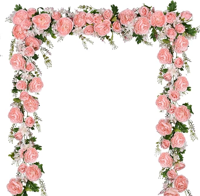 DearHouse Artificial Peony Flower Garland - Silk Peony Garland with Pink Flowers for Wedding Party Table Decoration,6ft/Strand