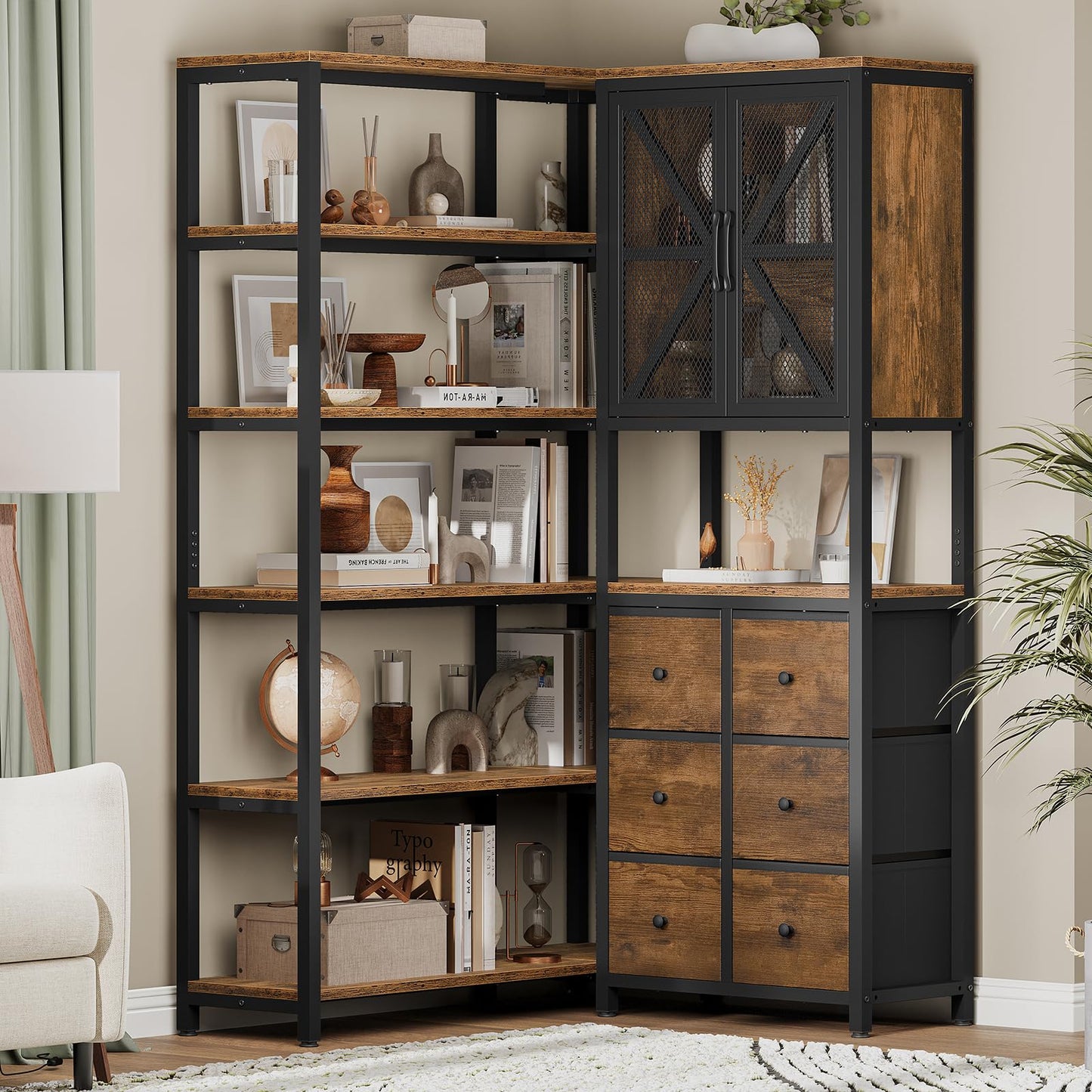 BTHFST Corner Bookshelf 6 Tier, 70.9" Convertible Tall Bookshelf with 6 Fabric Drawers, Corner Bookcase with Metal Doors, Large Display Shelf Book Shelf for Living Room,Home Office, Rustic Brown