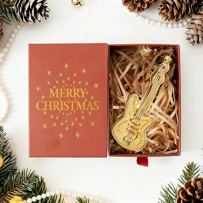 WDS WONDROUS Guitar Christmas Ornament & Decoration, 2.36” Glass Guitar Hanging Ornament Set for Xmas Tree Gold Decor Holiday Party Home Gift