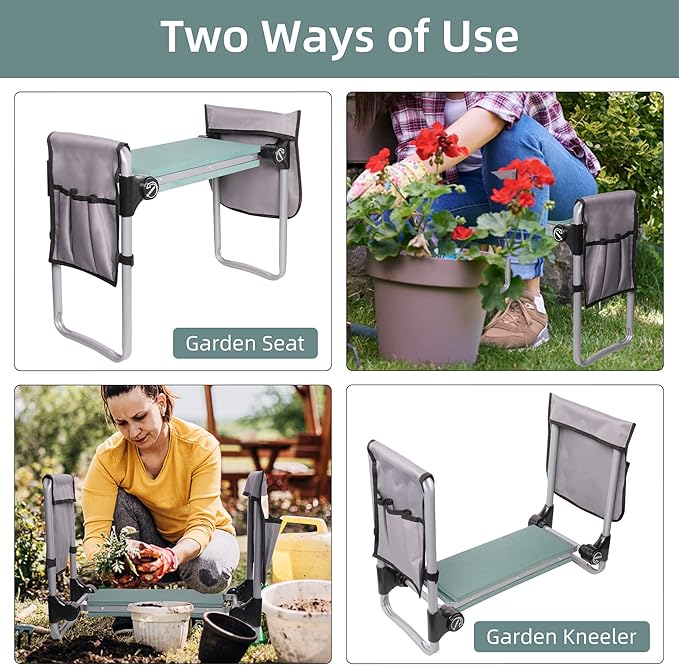 LUCKYERMORE New Generation Garden Kneeler and Seat, Foldable Gardening Stool with 2 Tool Pouches and EVA Foam Pad, Gardening Gifts for Parents Seniors, Lightweight & Heavy Duty, Green