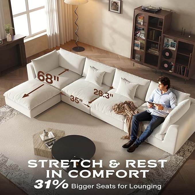 Fajiani Oversized Modular Sectional Sofa,Cloud Couch Deep Seat Sofa Cushion Covers Removable, Oversized Sectional Couches for Living Room (4 Seater-Cream White)