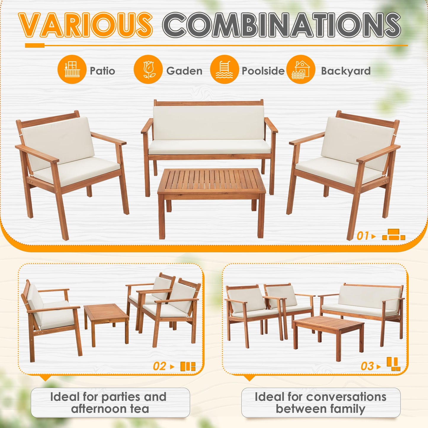 Greesum 4 Piece Bistro Patio Furniture Outdoor Chat Chair Set with Water Resistant Cushions and Coffee Table for Beach Backyard Garden, Acacia Wood