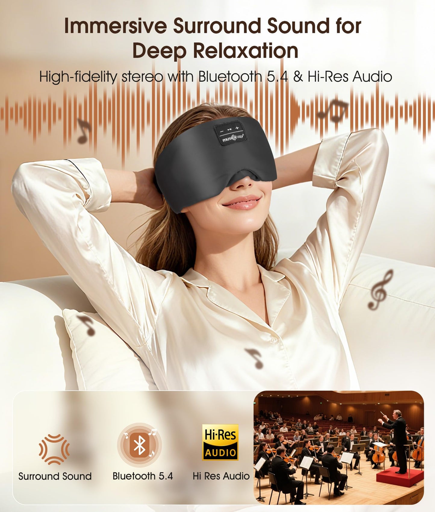 MUSICOZY 3D Silk Bluetooth Sleep Mask Headphones, Mulberry Silk Eye Mask with Ultra-Thin Wireless Speakers, Bluetooth 5.4 Sleeping Headphones for Side Sleepers, Music Sleep Mask Gifts for Men Women