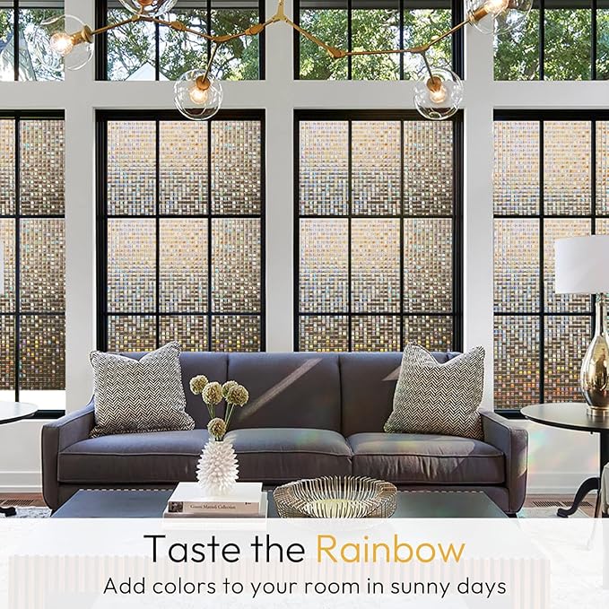 rabbitgoo Window Privacy Film Stained Glass Window Film, Mosaic Rainbow Decorative Glass Cling, Removable Static Cling Tint, Non-Adhesive Privacy Covering for Home, Brown, 17.5 x 118.1 inches