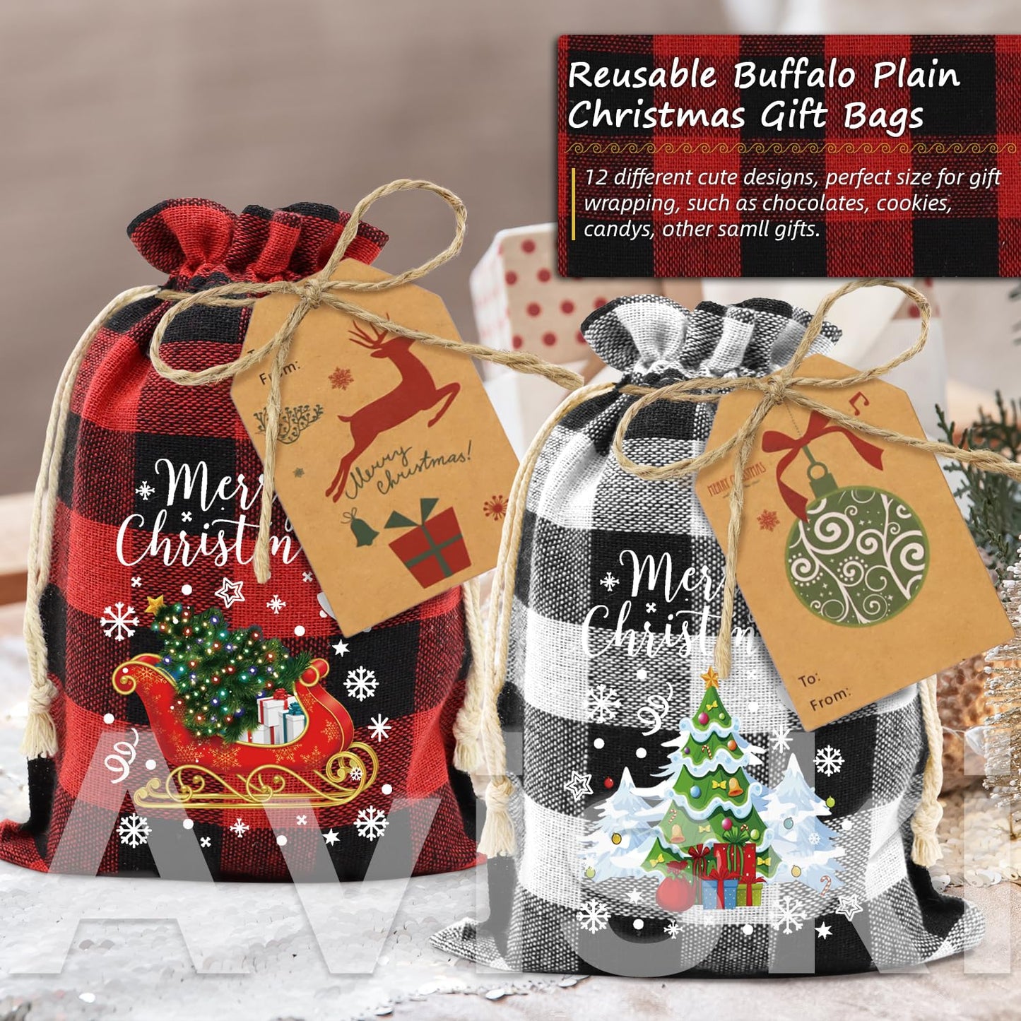 Aviski 72PCS Cotton Medium Christmas Drawstring Candy Treat Bags Buffalo Plaid Xmas Xmas Christmas Fabric Goody Gift Sacks Reusable Gift Wrapping Bags Holiday Party Favors - Red/White