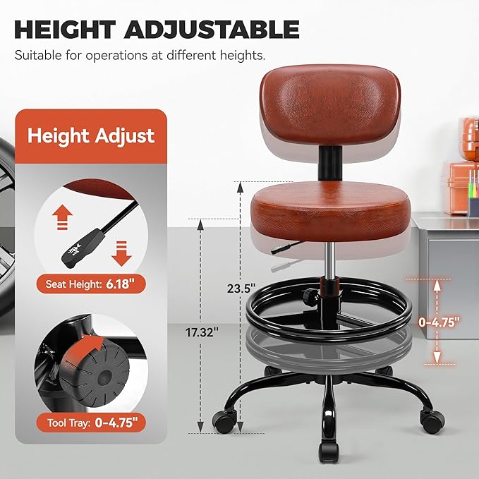 Shop Stool with Wheels for Garage, Mechanics Rolling Chair with Backrest, Adjustable Height Heavy Duty Garage Stool with Footrest and Storage Tray, Swivel Task Chair for Workshop Kitchen Salon