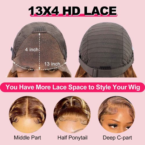 KKU Highlight Ombre 13x4 Lace Front Wigs Human Hair Pre Plucked 22 Inch HD Transparent 4/27 Honey Blonde lace frontal Wigs with Baby Hair 180% Density Body Wave Wig with Baby Hair