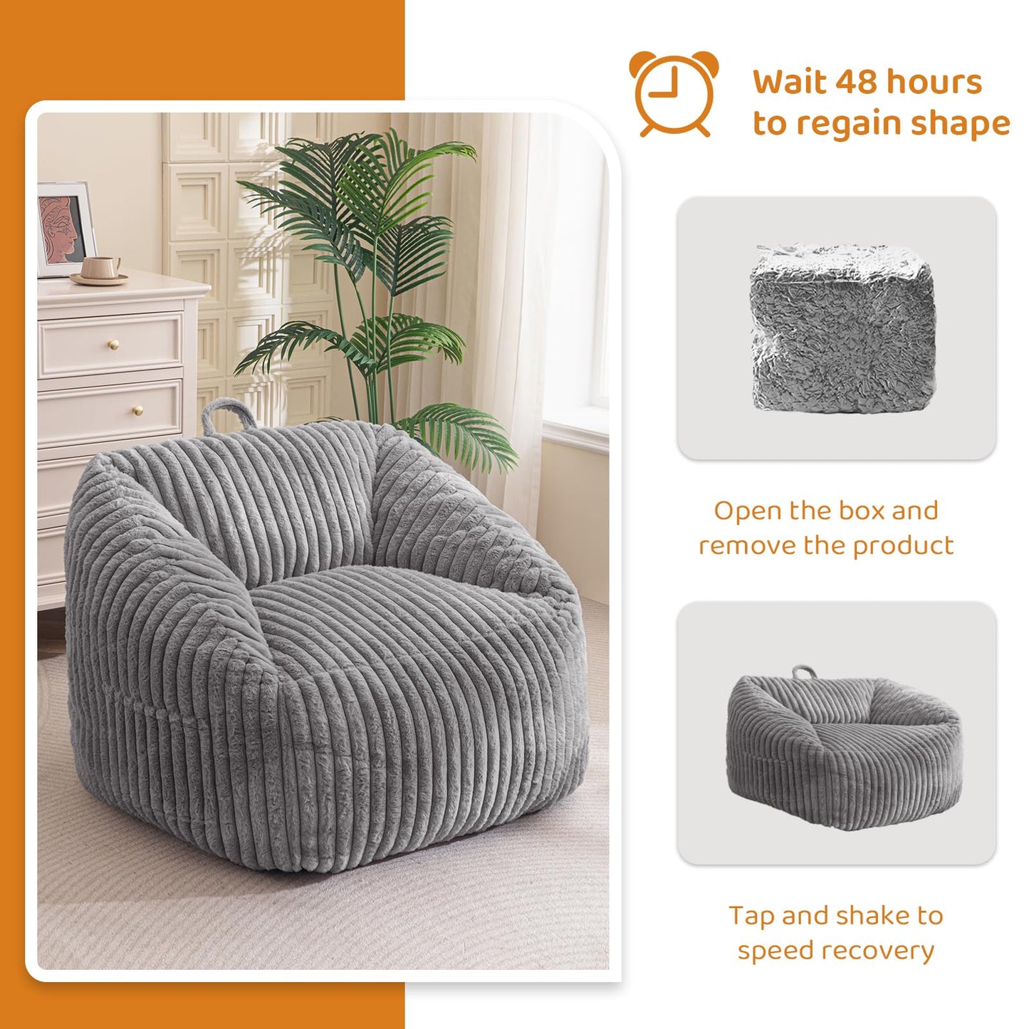 BYBYME Giant Bean Bag Chair for Adults and Kids, Large Comfy Cozy Beanbag, Floor Sofa for Teens, Living Room, Gaming, Reading, Grey