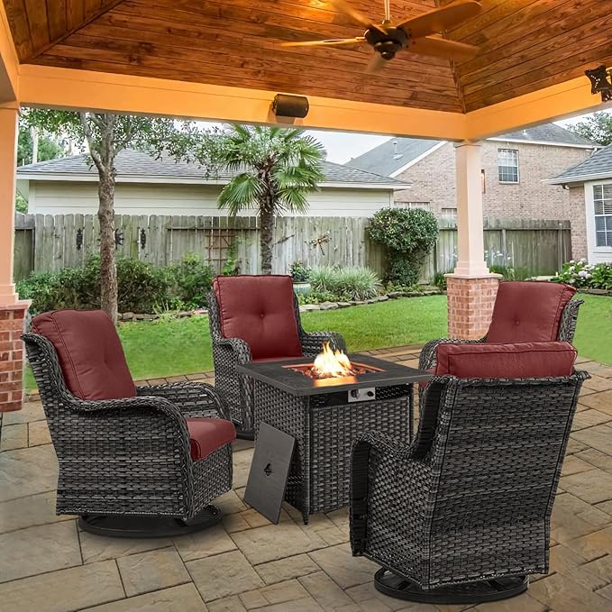 Belord 5 Pieces Patio Wicker Furniture Set - 4 Outdoor Swivel Rocker Glider Chairs with 50000BTU Propane Fire Pit Table, Warm Patio Conversation Set Red Cushion Perfect for Casual Gathering