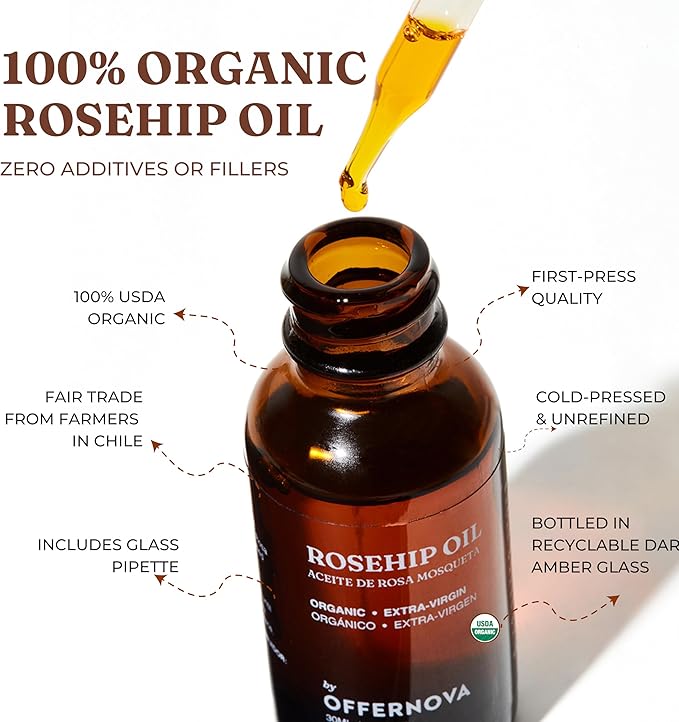 Organic Rosa de Mosqueta Oil- USDA Certified Rosehip Seed Oil Pure Cold Pressed, Repairs & Brightens Skin - Gua Sha Massage, Face, for All Skin Types - Aceite Facial 1OZ