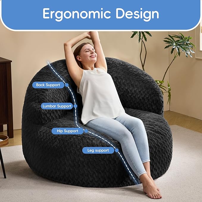 Hobestluk Bean Bag Chair Giant Bean Bag Chairs for Adults Big Bean Bag Chair with Memory Foam Filler Adults Large Beanbag with Faux Fur Cover for Bedroom (Chevron Black,Oversize)