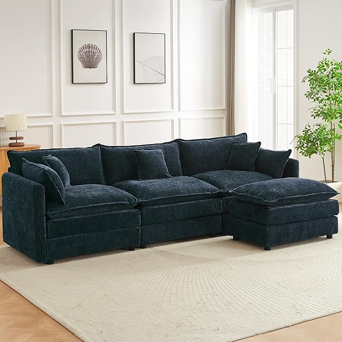 saows Modular Sectional Sofa, 112.2 Inch L Shaped Couch Set with Armrests, 3-Seater Comfy Cloud Couches with Movable Ottoman for Living Room Apartment, Blue