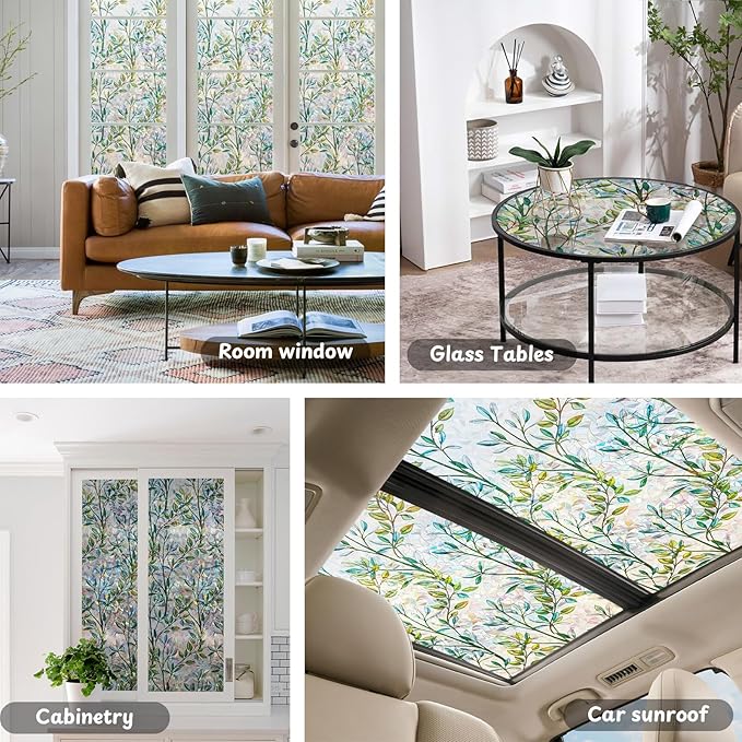 NINETREX Stained Glass Window Film 3D Decorative Cling, Sun Blocking Static Cling Removable Film for Glass Door, Home Decor Window Cover Non-Adhesive 23.6 x 78.7 inches, Leaf