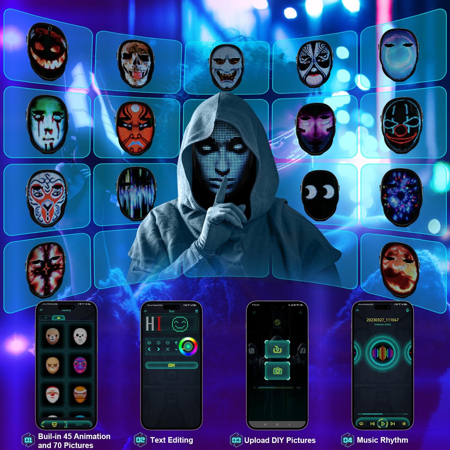 Led Mask with Gesture Control – Face-Transforming Light-Up Design, Cool Gifts for Kids & Adults – Rechargeable Halloween, Cosplay & Christmas Party Essential for Costume Themes!
