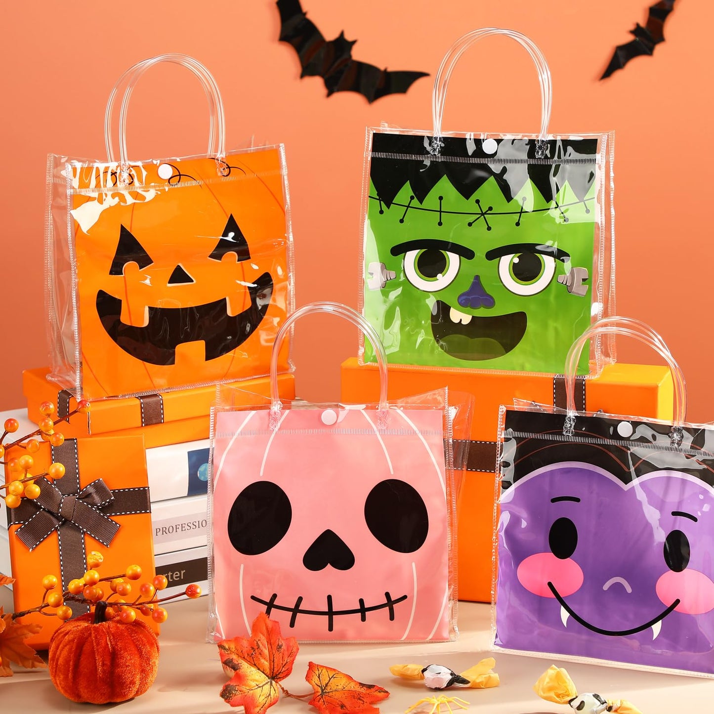 Bulyoou 24 Pcs Halloween Clear PVC Gift Bags with Handle Reusable Grimace Pumpkin Party Favor Bags Pink Treat Tote Bag for Halloween Trick or Treat Supplies