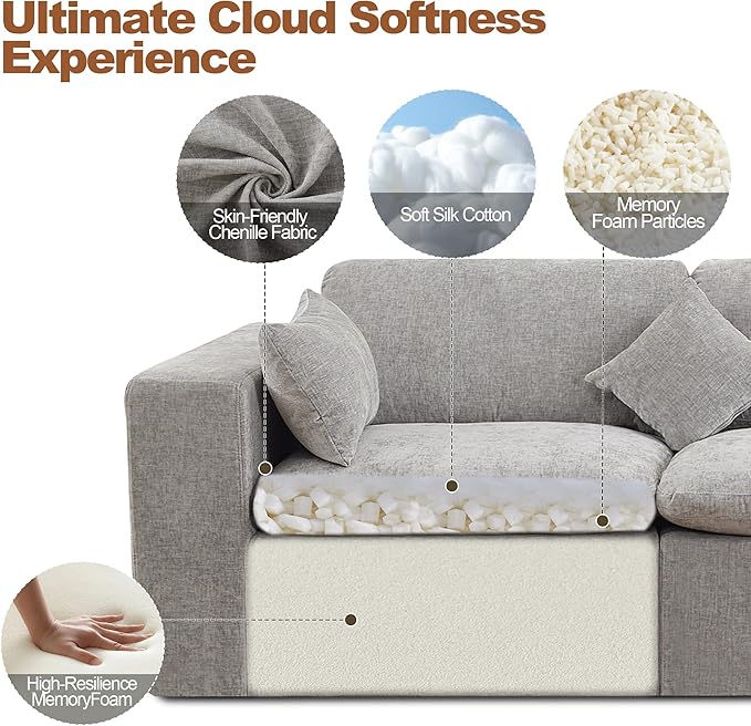 115'' Cloud Boneless Sectional Couch, Modular Sectional Sofa Deep Seat with 2 Ottomans, Oversized Upholstered Convertible Comfy 5 Seater Chenille Sofa U Shape Couches for Living Room, Light Grey