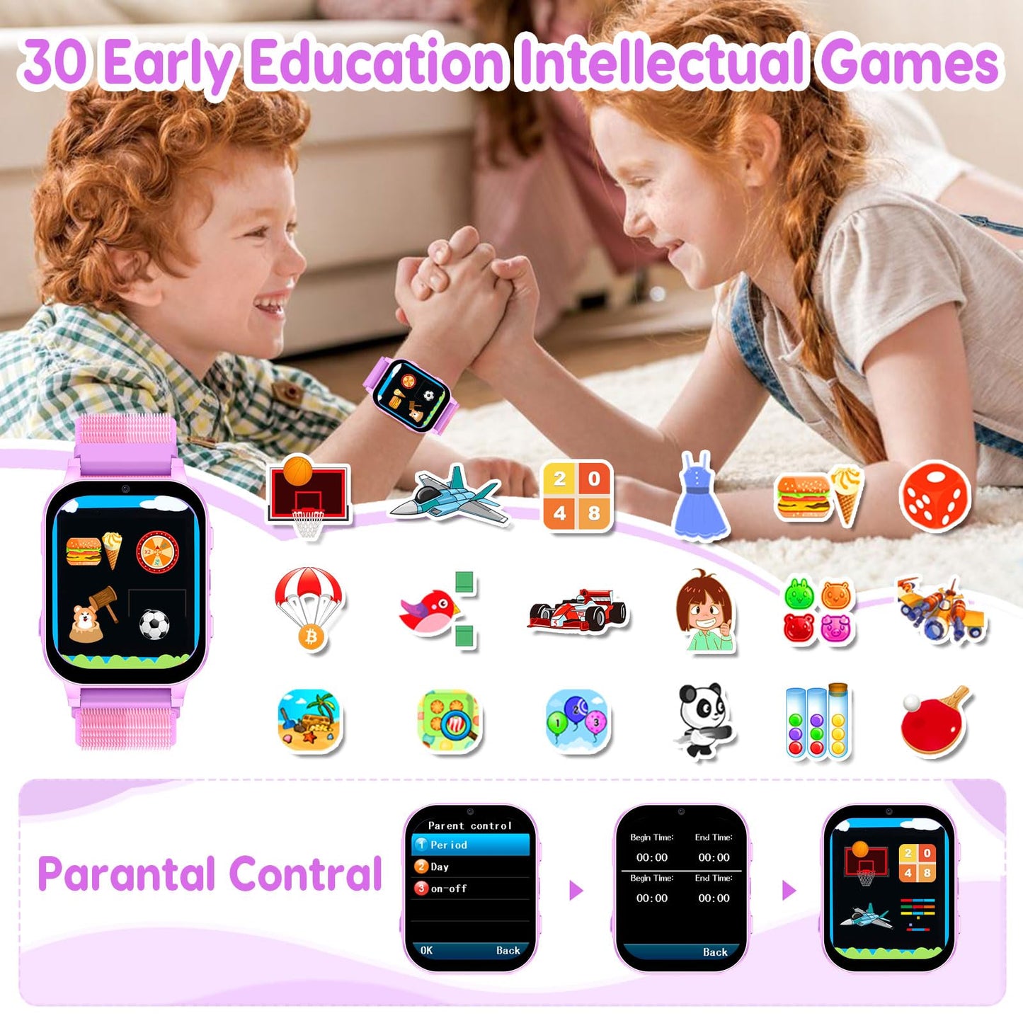 Smart Watch for Kids with 30 Puzzle Games, 140 Educational Learning Cards, Screen Protector, HD Touch Screen, Camera, Music, Pedometer - Perfect for Girls Ages 4-12 as Fun & Educational Birthday Gift
