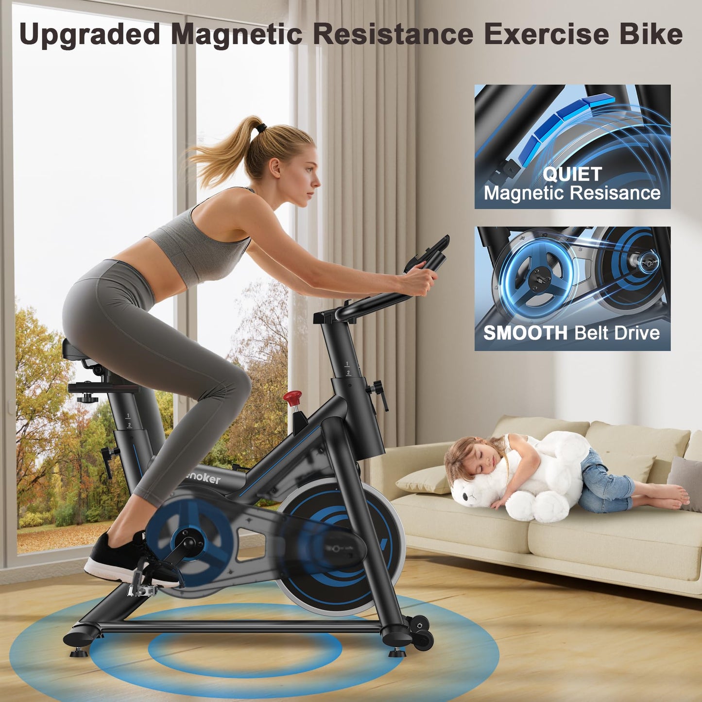 Exercise Bike for Home – 350LB Magnetic Resistance Indoor Cycling Bike, Silent Stationary Bike with App Sync, Adjustable Seat, LCD Monitor, Smooth & Quiet for Cardio Workout