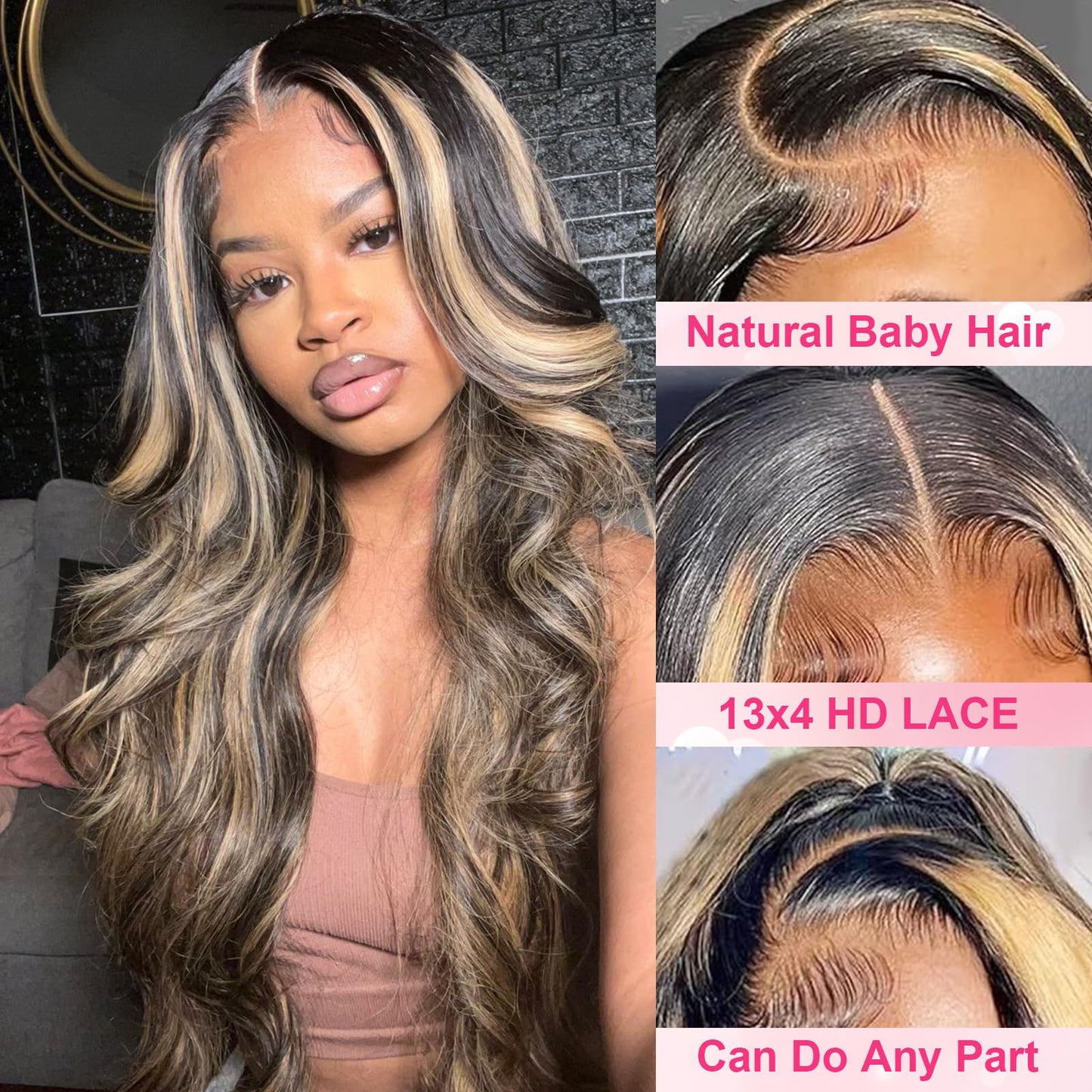 30 Inch FB/27 Balayage Highlight Ombre Lace Front Wig Human Hair 250 Density Body Wave 13x4 HD Transparent Lace Front Wigs Human