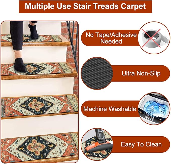 OJIA Non-Slip Stair Treads for Wooden Steps 7PCS, 30"X8" Rubber Carpet Stair Treads Indoor Stair Runner Slip Resistant Stair Rugs Safety Mats for Dogs, Kids & Elders, Stairway Grip Step Treads