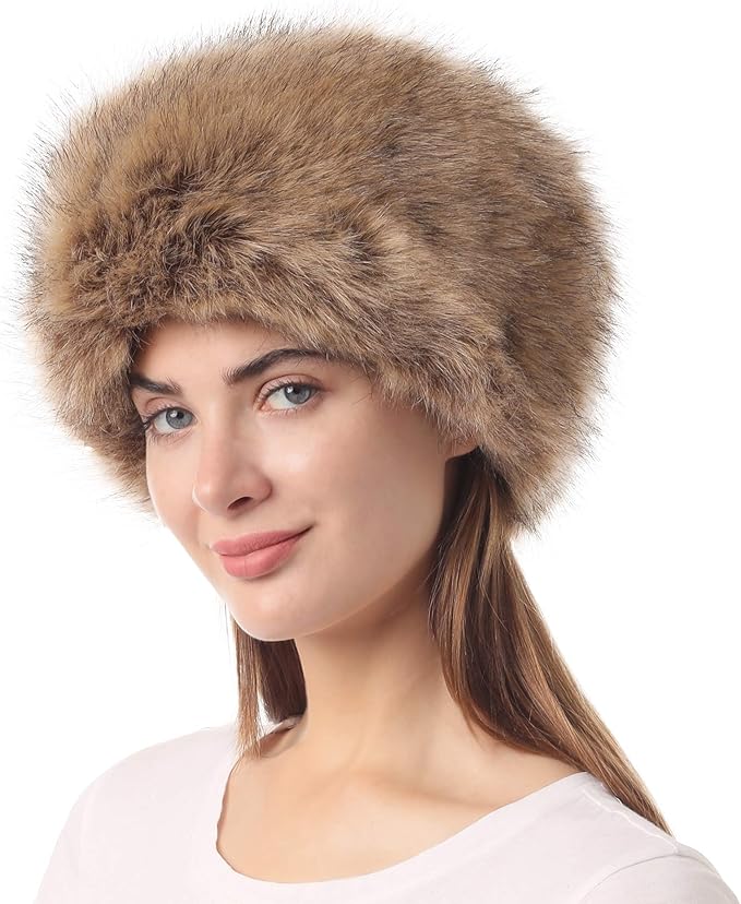 LA CARRIE Women's Faux Fur Hat for Winter with Stretch Cossack Russian Style White Warm Cap