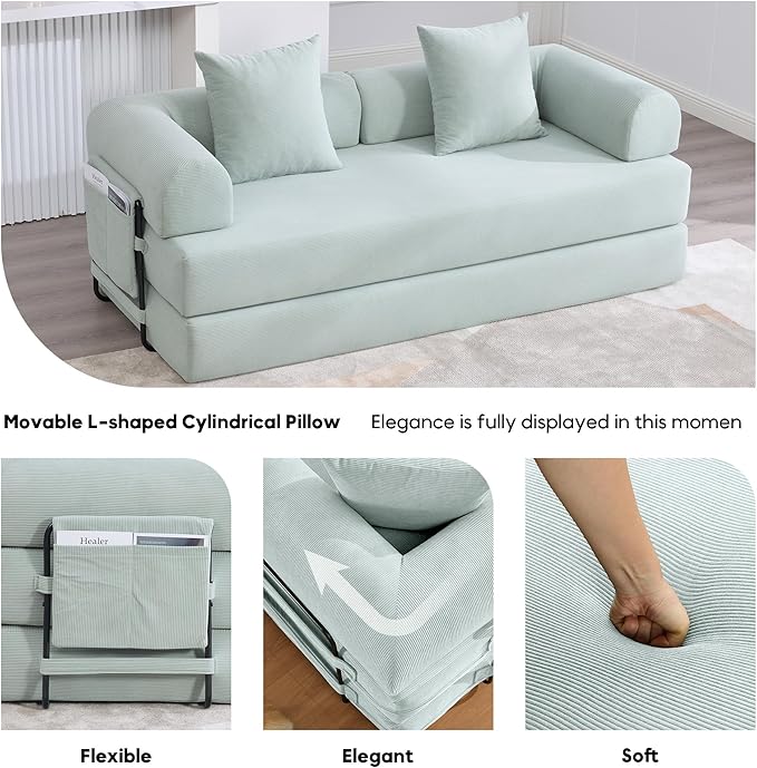 ZEIINPA Convertible Sleeper Sofa Bed, Folding Floor Sofa Bed with Fixed-Shape Frame, Corduroy Floor Sleeper Sofa with Storage Pocket, Futon Boneless Sofa Couch for Living Room, Mint Blue