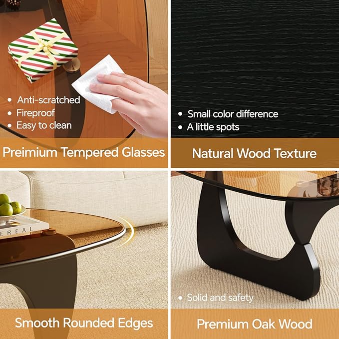 LUCKIIA Coffee Tables Glass Small Farmhouse Coffee Table Mid-Century Modern Wood Center Table for Living Room, Black Brown, 32 Inch