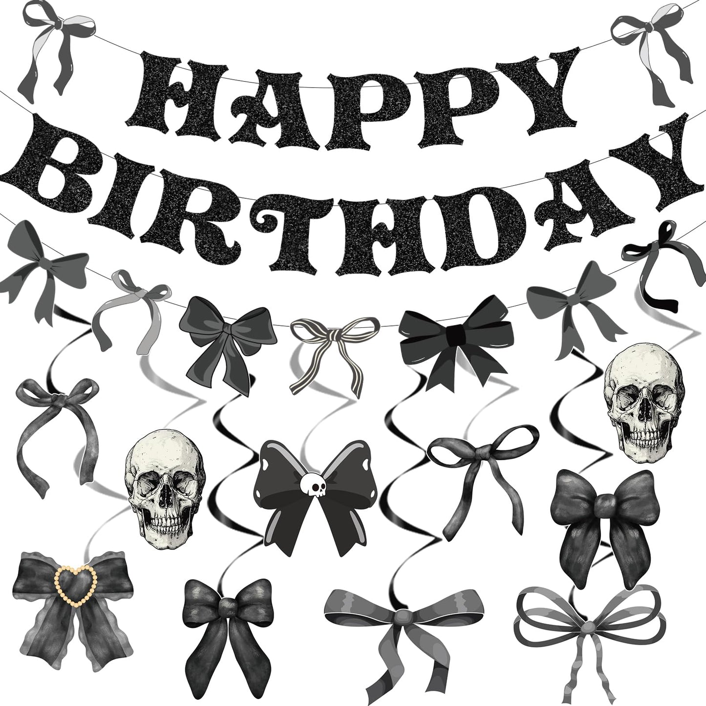 Lovarywow Black Bow Party Decorations - 13PCS Gothic Birthday Decorations Skull Skeleton Goth Party Supplies for Girls Women Black Bow Coquete Happy Birthday Banners Hanging Swirls