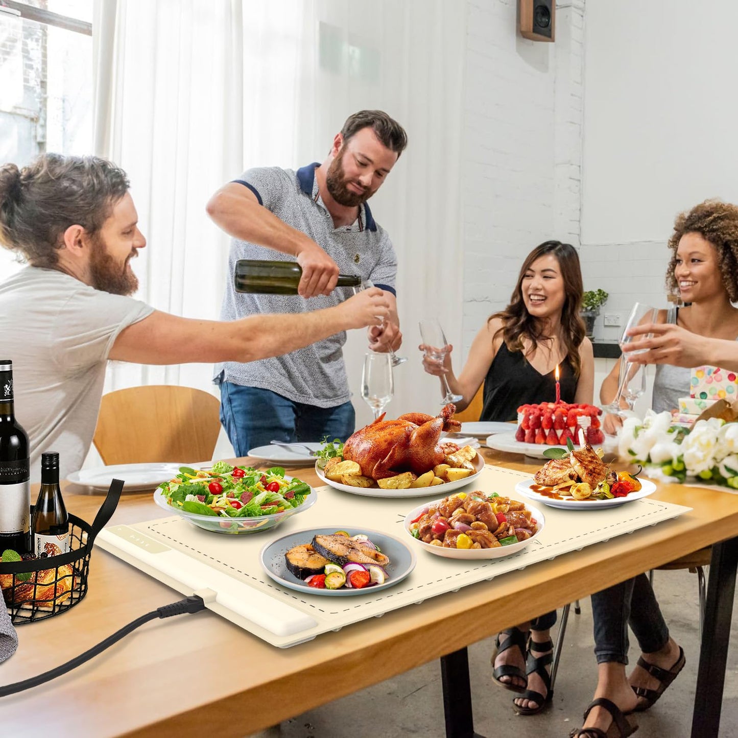 Electric Warming Tray - 3 Modes &Full Surface Heating,Rollable & Portable,Premium Silicone Nano-Material,3 Temperature Settings,Auto Shut-Off -Versatile Food Warmer for Gatherings,Parties (Cream)